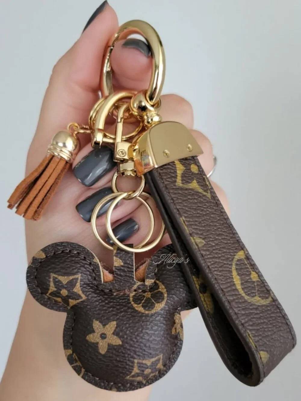 Minnie Mouse Keychain with Strap, Tassel and Keyrings - Brown with Gold Hardware